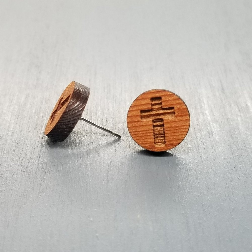 Cross Earrings - Wood Earrings - California Redwood Stud Earrings - Circle Post